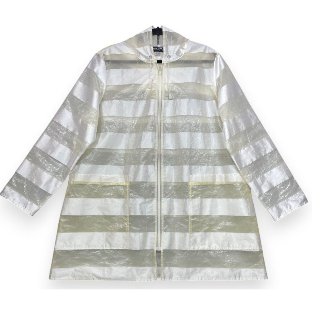 Mycra Pac Life Raincoat Womens 2 M L White Ivory Striped Sheer Jacket Hooded USA